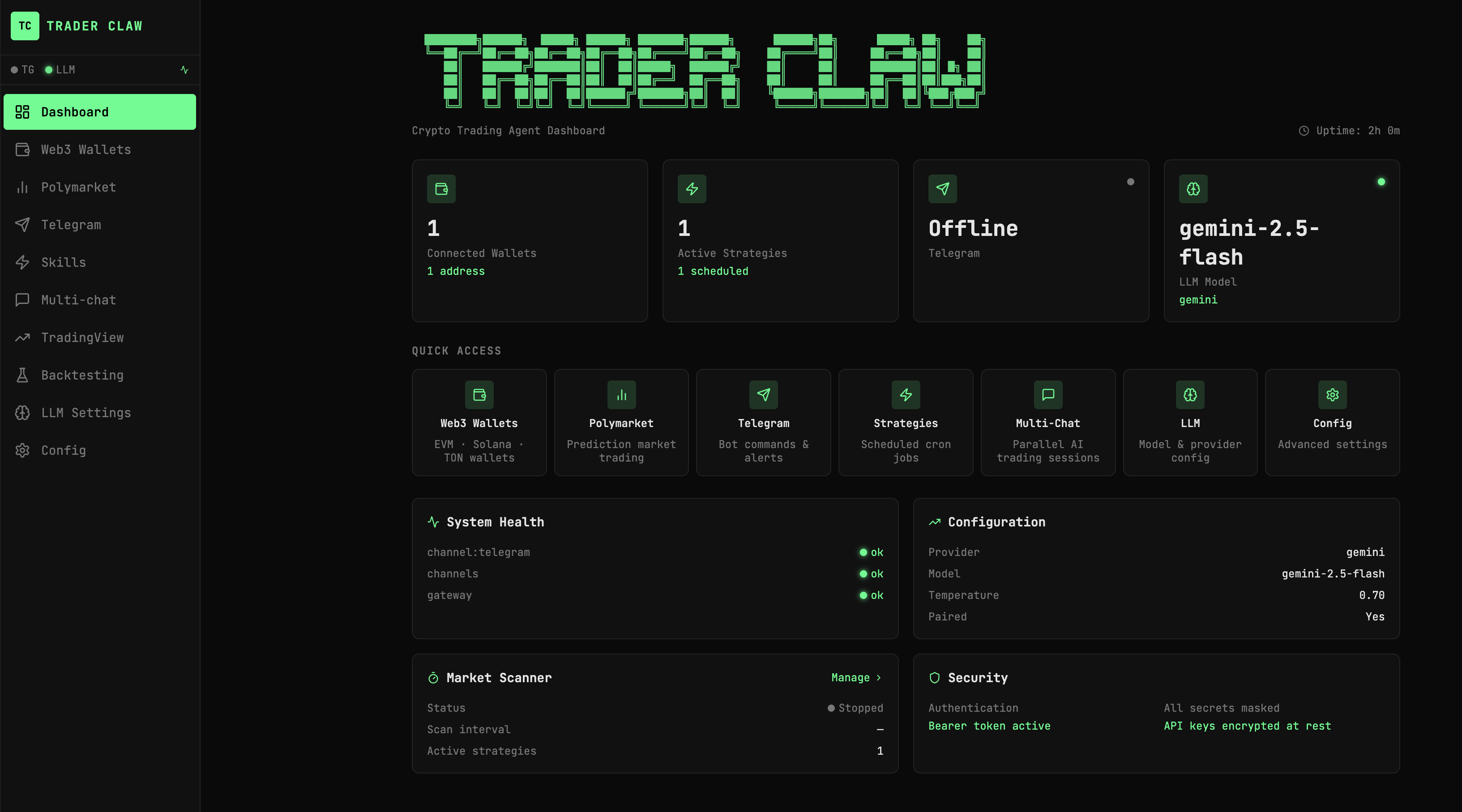 Trader Claw Dashboard — showing stat cards, system health, market scanner, and quick access panel